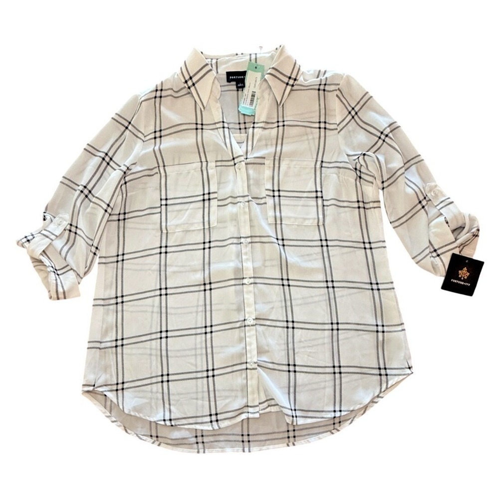 FORTUNE + IVY Christelle White & Black Plaid Button Down Blouse 3/4 Sleeve Large